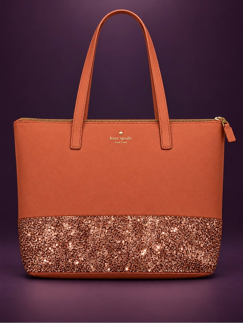 KATE SPADE Greta Court Penny Tote Glitter Sparkle Top Zip Shoulder Bag in Copper